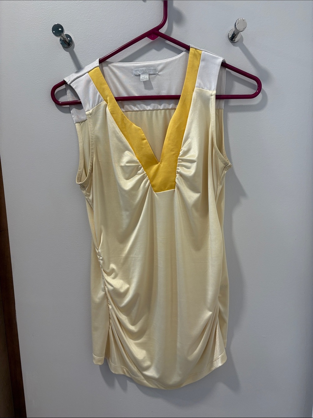New York & Company Cream Satin Chemise with Yellow V-Neck Accent
